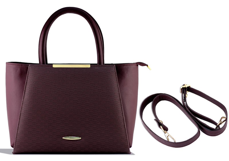 حقيبة كتف نسائية أنيقة ذات ملمس مميز مع حزام كتف قابل للتعديل، حقيبة واسعة وعصرية بلون خمري مناسبة للعمل والاستخدام اليومي (لون عنابي). - Image 1